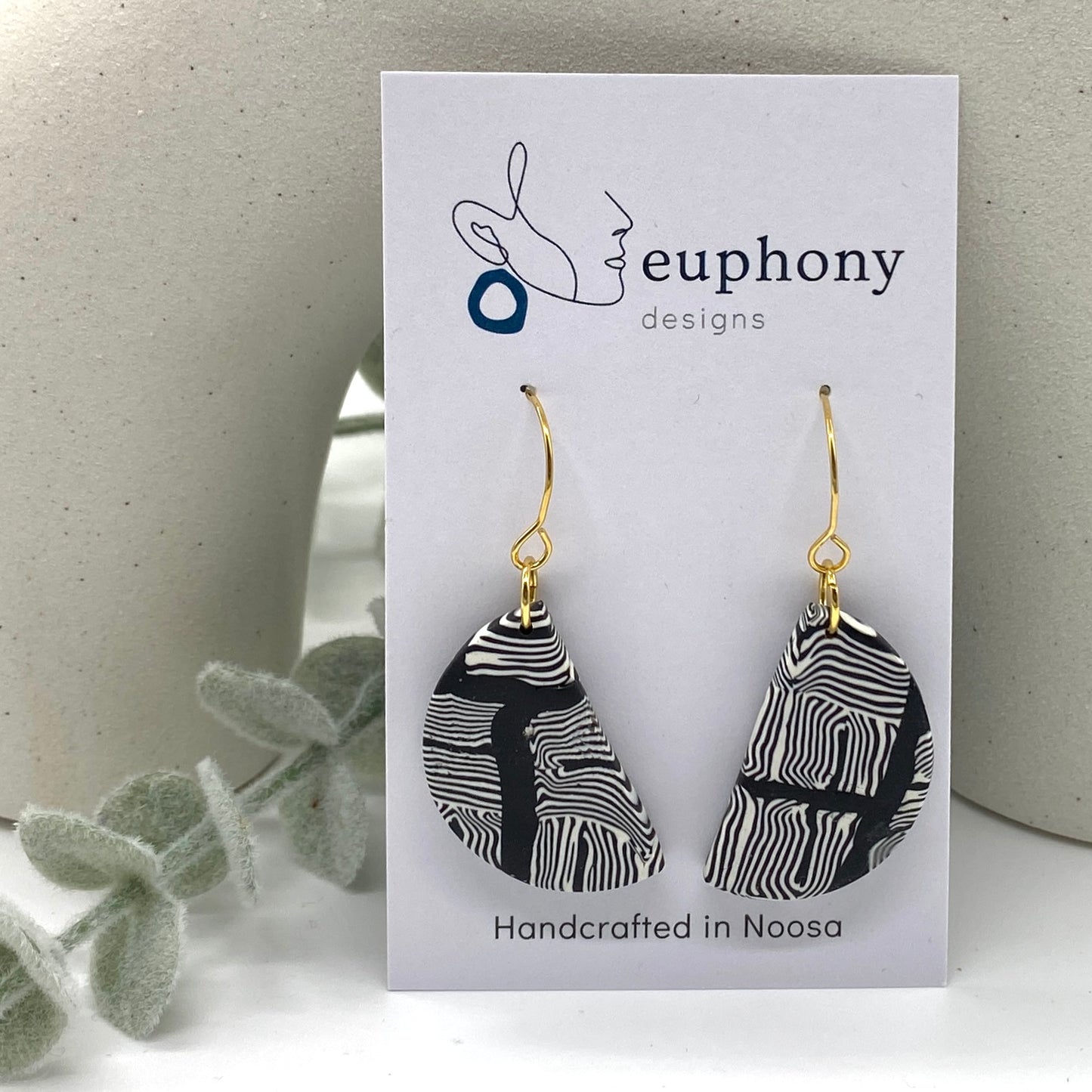 B&W Stripe Squiggle Half Moon Dangle Earrings