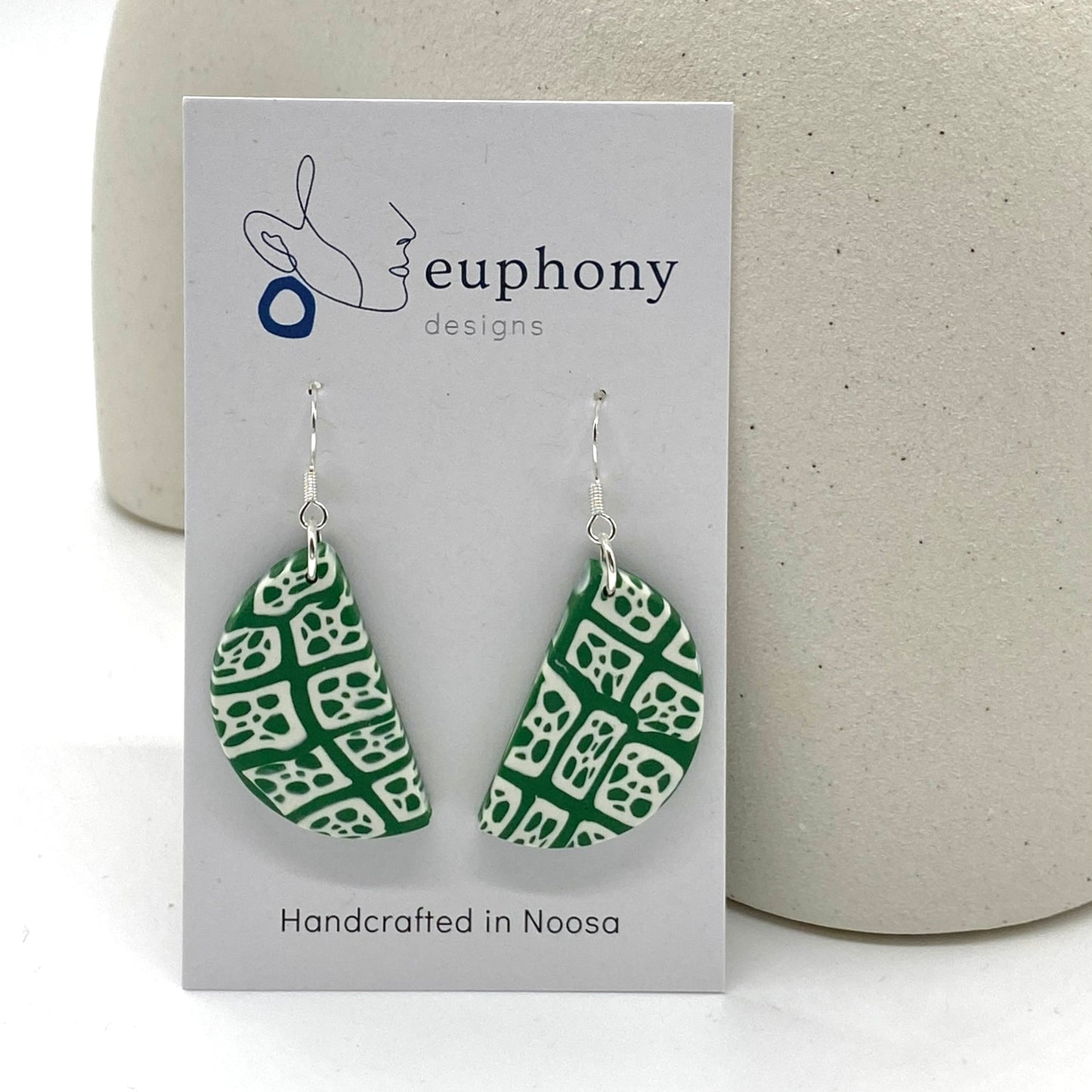 Green White Chequered Half Moon Earrings