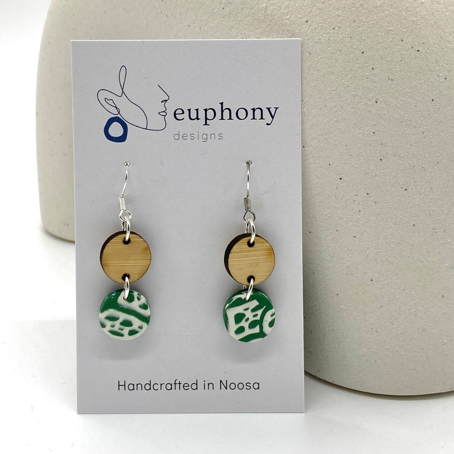 Green White Chequered Bamboo 2-Piece Circle Earrings