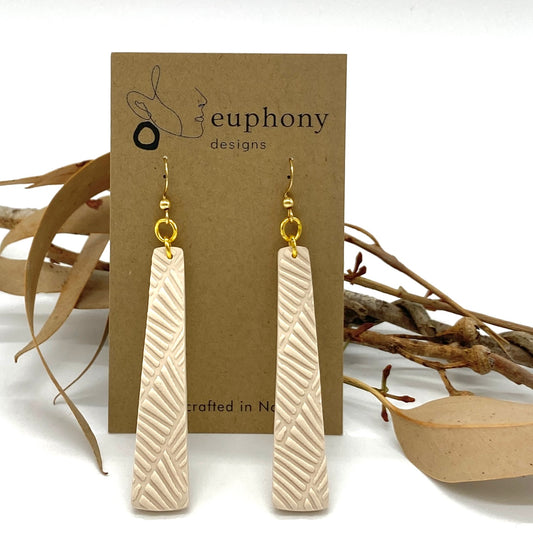 Beige Long Baton Textured Statement Earrings