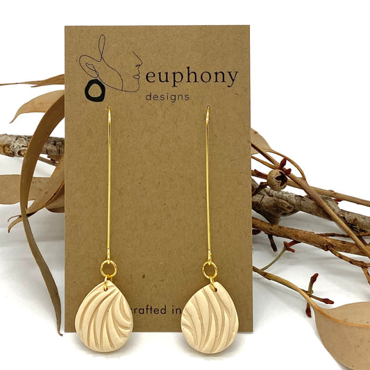 Long Gold Stem Eggshell Tear Drop Earrings