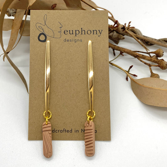 Gold Bar Mocha Small Baton Statement Earrings