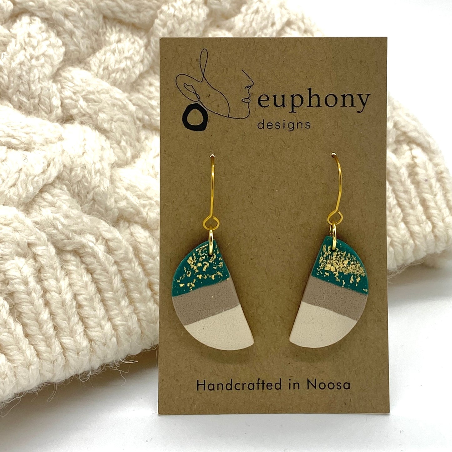 Gold Fleck Emerald Taupe Half Moon Earrings